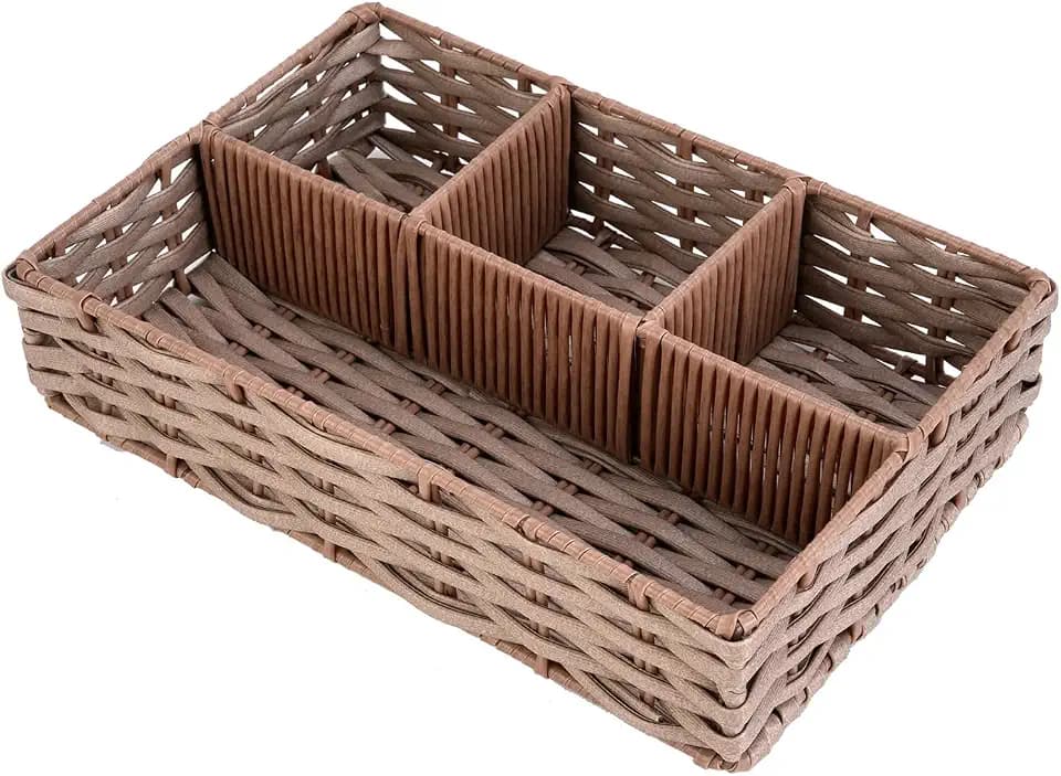Whitmor 4-Compartment Woven Storage Basket with Dividers, Divided Makeup Organizer and Drawer Split Rattique Bin for Bathroom Countertop, Vanity, Office Desk, 11.8x7.9x2.8 Inches, Light Brown