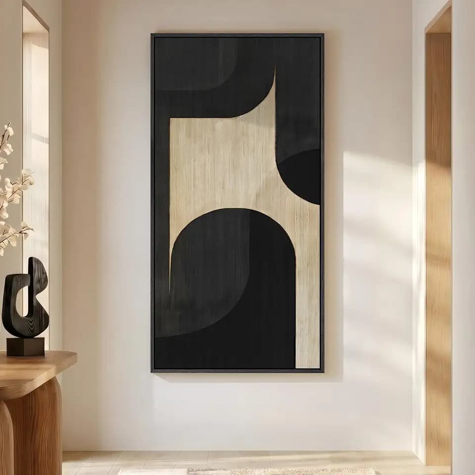 Large Framed Black Beige Neutral Abstract Wall Art, 1 Piece Vertical 30x60