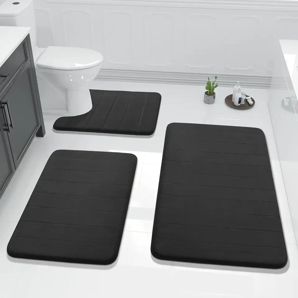 Yimobra 3 Pieces Memory Foam Bath Mat Set with U-Shaped Toilet Rug - Non Slip Super Soft Absorbent Quick Dry Bathroom Rugs for Bathtub, Vanity & Toilet Base, Black