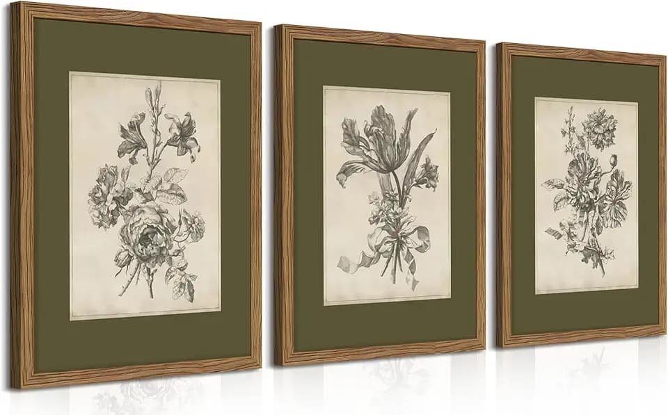 Vintage Floral Wall Art Set of 3, Sketch Sage Green Botanical Canvas Wall Decor Paintings, Retro Minimalist Flower Artwork Posters Prints Pictures for Living Room Bedroom Bathroom 12x16 Inch Framed