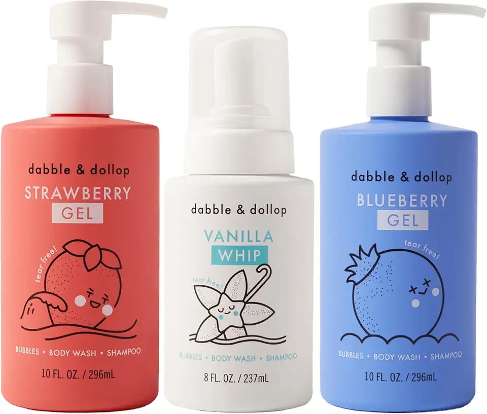 Dabble & Dollop USA Kids 3-in-1 Body Wash, Shampoo & Bubble Bath Variety Set – Strawberry, Blueberry & Vanilla, Tear-Free, Gentle, Hypoallergenic and Safe for Sensitive Skin (Pack of 3)