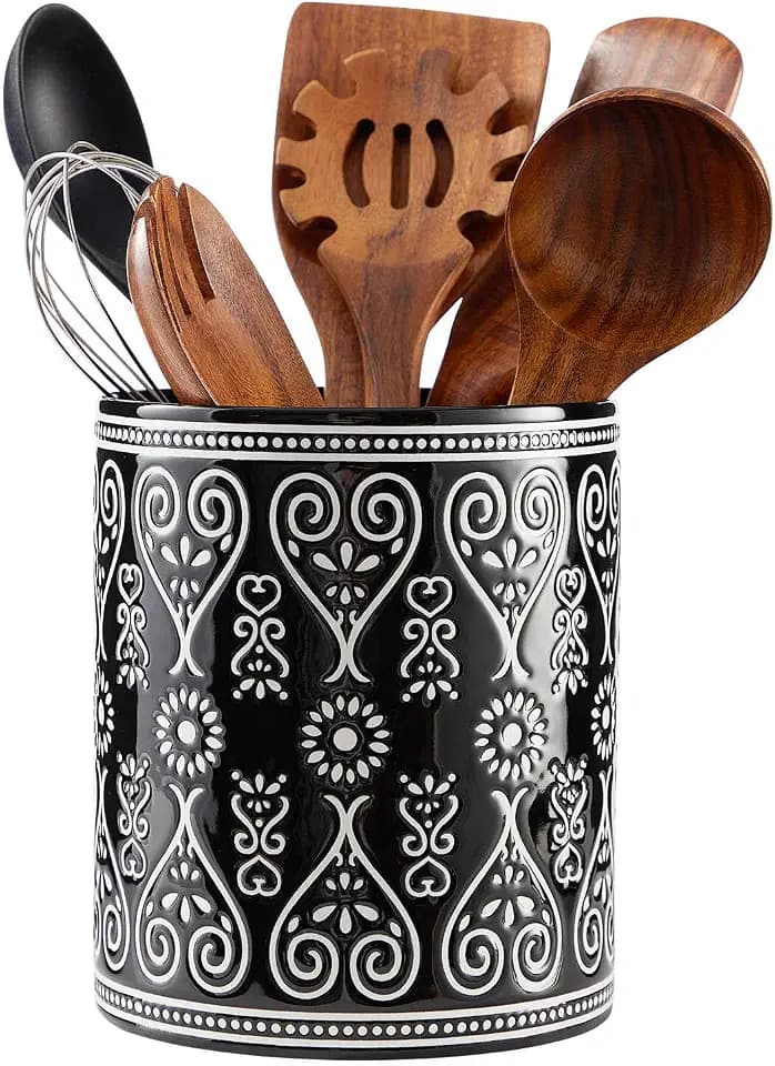 7-Inch Heavy Ceramic Utensil Holder for Kitchen Counter, Black