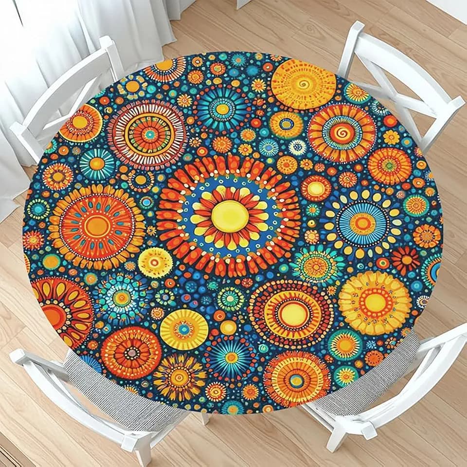 Boho Round Fitted Tablecloth with Elastic Edge Orange Bohemian Circle Table Cloth for 40-44" Tables Mandala Colorful Geometric Wipeable Washable Table Cover for Picnic Party Dining Outdoor Decor