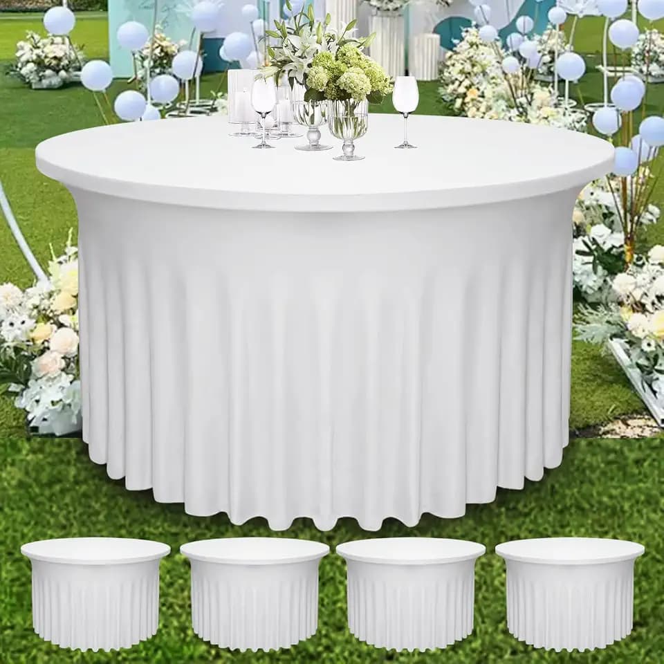 4 Pack White Round Table Skirt, Fits 4ft Tables (48" Dia x 30" H)