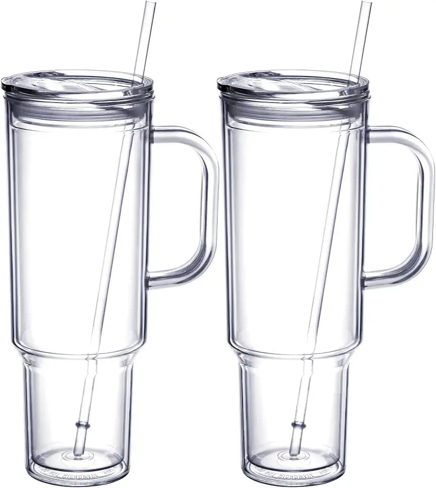 MEWAY 40 oz Acrylic Tumbler with Handle and Straw Lid,Double Wall Vacuum Reusable plastic Water Bottle Travel Mug Cup,Classic Tumblers Cupholder Friendly (2 Pack)