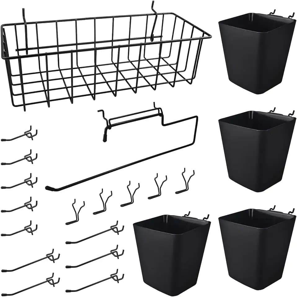 Peg Board Organizer 21 Pack Baskets Cups Hooks Wall Tool Organizers (Black)