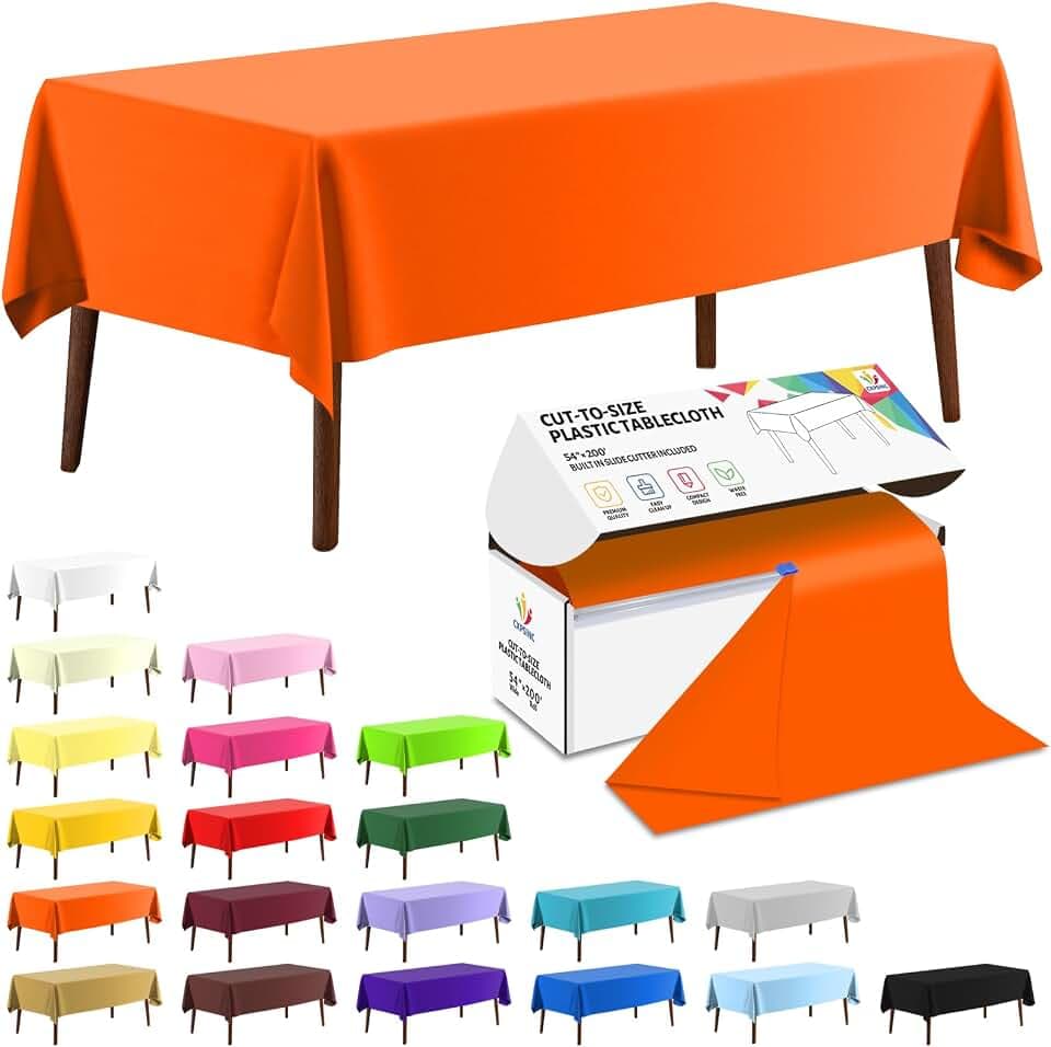 CXPSINC 54 Inch X 200 Feet Plastic Table Cover Roll Disposable Tablecloth with Slide Cutter for All Type/Shape Tables | Picnic, Party, Banquet, Birthdays, Weddings (Orange)