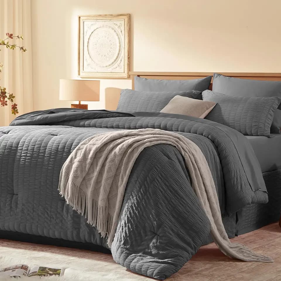 Laojin Balhen Queen Comforter Set 7 Pieces, Dark Grey Seersucker Bed in a Bag Set Queen Size, All Season Luxury Bedding Sets with Comforter, Sheets, Pillowcase & Sham