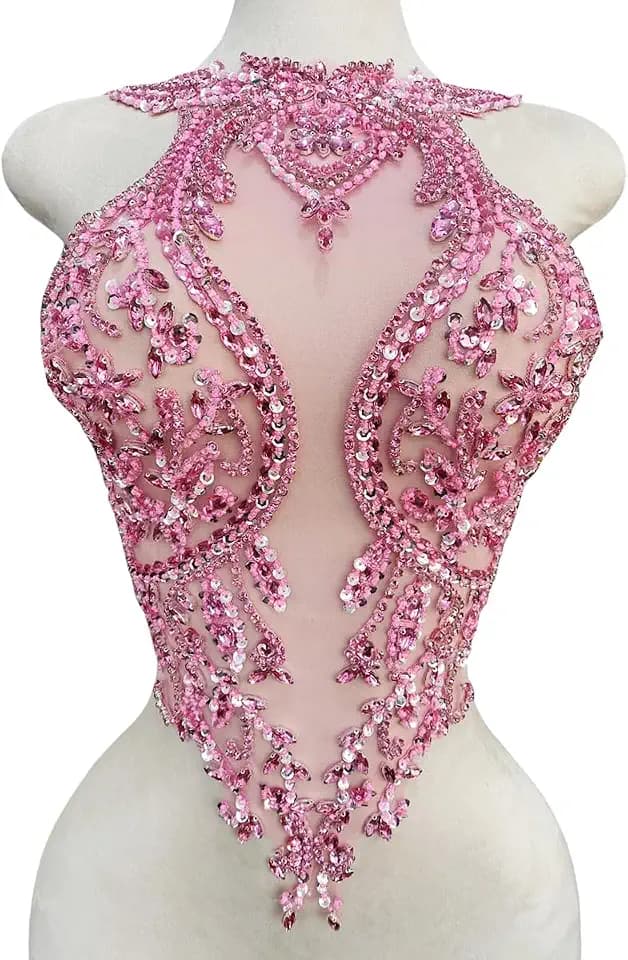 Handmade Rhinestones lace Applique sew on Beads Sequins Trim Patches Accessories for Girl Dress Clothing 13.7X23inches (Pink)