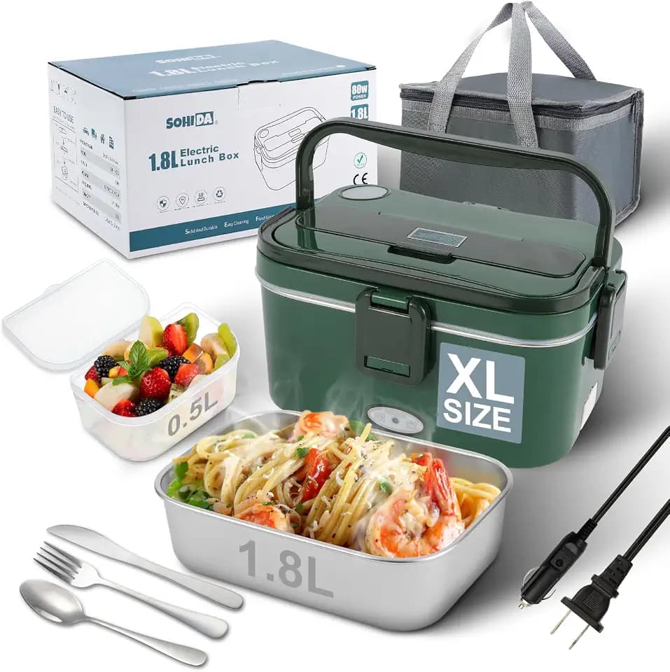SOHIDA 1.8L Heated Lunch Box, 80W Electric Lunch Box with Long-handled Utensils for Adults, 12V/24V/110V Lonchera Eléctrica Portátil, Portable Food Warmer for Car/Truck/Office - Green