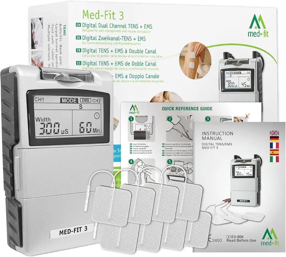Med-Fit 3 TENS Gerät Schmerztherapie & EMS Muskelstimulator 2 Kanal - Medizinprodukt Klasse IIa Reizstromgerät für Rückenschmerzen, Ischias, Arthrose, Nacken, Schulter & Muskelaufbau