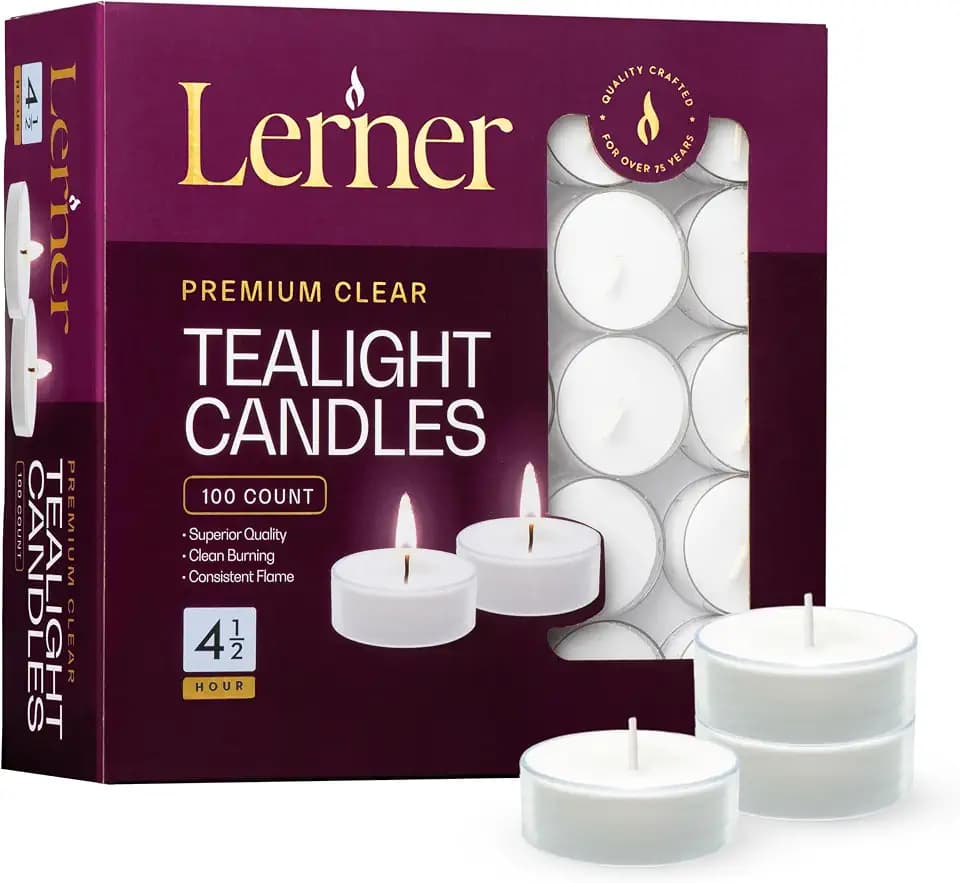 Lerner Clear Tea Lights Candles Bulk - 4.5 Hour Clear Cup Tealight 100 Pack - Consistent Smkless Clean Burning - Holiday, Wedding, Spa, Emergency and Home Decoration Candles