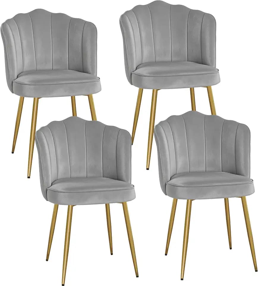 VECELO Velvet Dining Chairs Set of 4, Modern Upholstered Kitchen Chairs with Thick Cushions, Curved Padded Backrest and Metal Legs, for Kitchen, Dining Room, Living Room, Light Gray