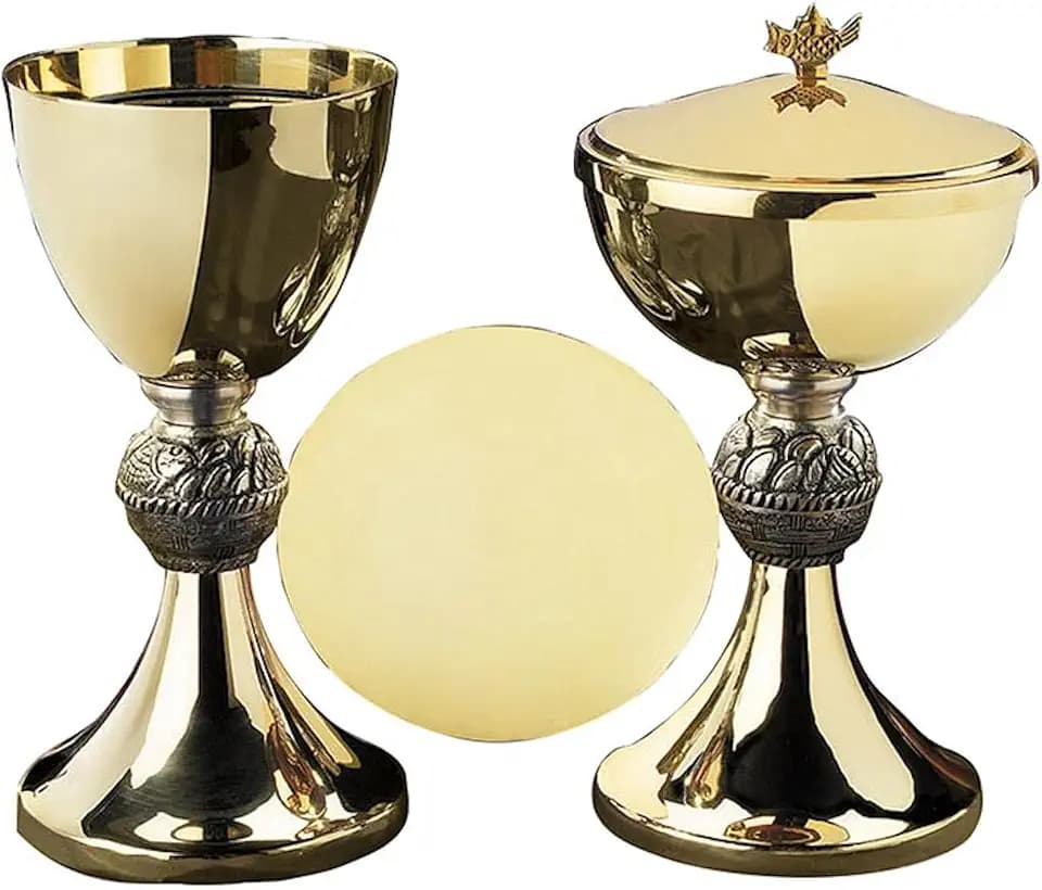 Church Gold Plated Brass Chalice & Paten, 12 Ounce, Loaves and Fishes