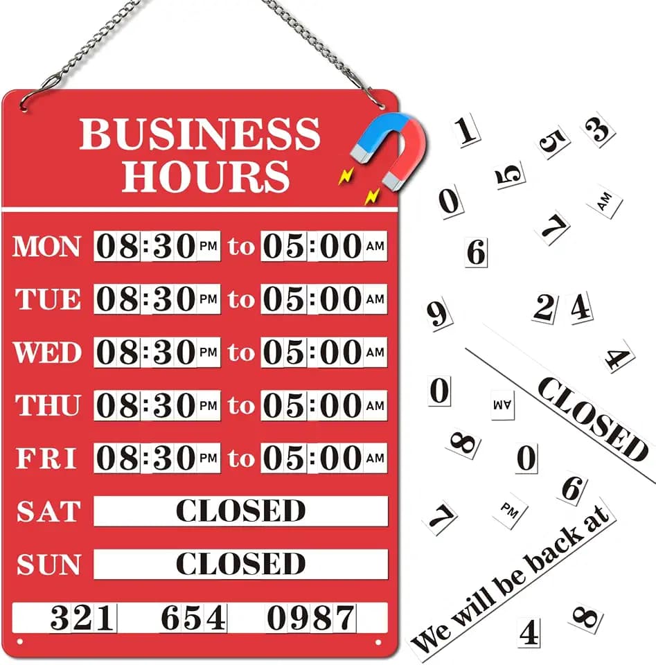 Magnetic Changeable Business Hours Sign, Metal Hours of Operation Signs for Business, Store Hours Sign for Glass Door or Window (RED)