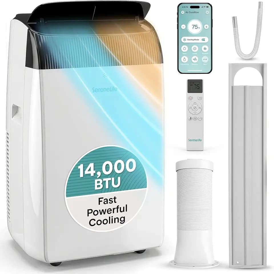 SereneLife 14,000 BTU Portable Air Conditioner with Dehumidifier, Heat, & Fan | Wi-Fi Enabled Portable AC Unit for Wide Area Climate Control | Compact Standing Air Conditioner with Window Kit
