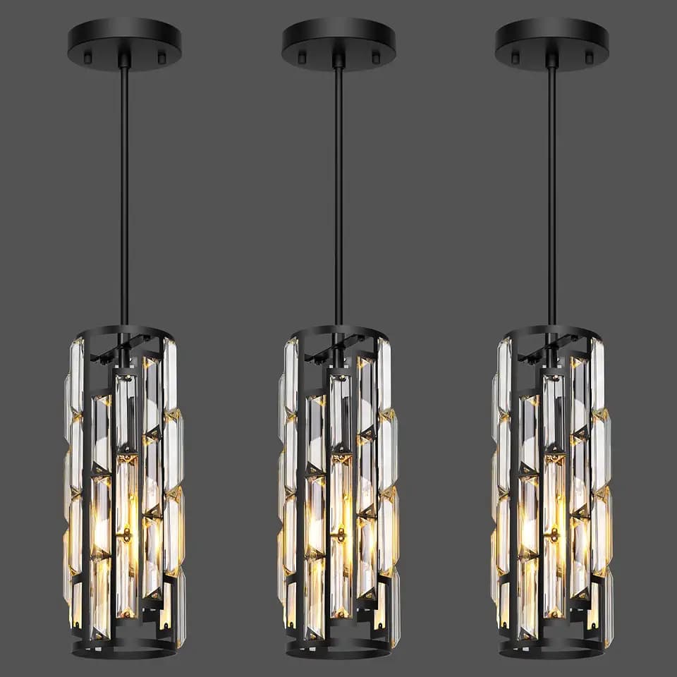 Black Pendant Lights Kitchen Island 3 Pack, Mini Crystal Chandeliers with Adjustable Height, Modern Pendant Lights Ceiling Lighting Fixtures for Kitchen Island, Dinning Room, Bedroom, UL, E26