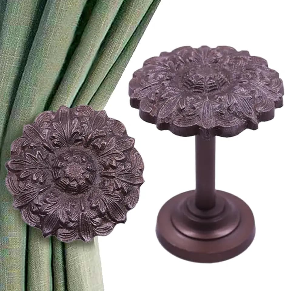 The Metal Magician Wall Mounted Floral Curtain Holdbacks (Pack of 2) - Boho Flowery Curtain Holders for Living Room, Bedroom, Office Drapes - Farmhouse Tiebacks for Curtains (Antique Brass Fleur)