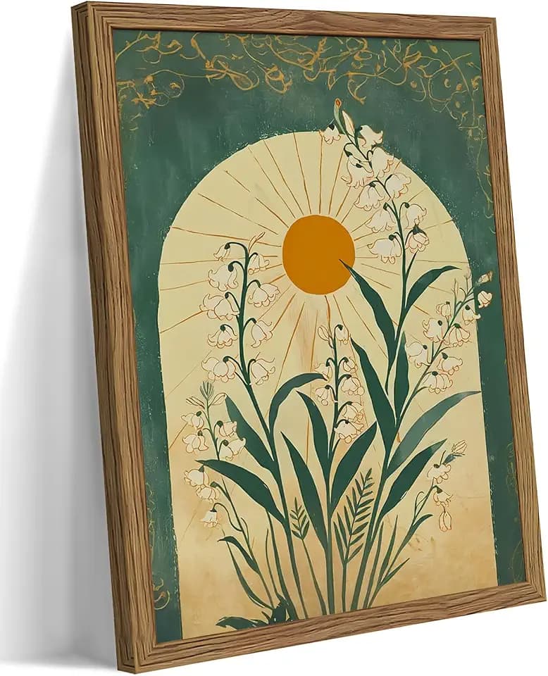 Framed Boho Wall Art, Lily of the Valley Emerald Green Sun Canvas, Mystical Country Botanical Wall Decor, Spiritual Flowers Poster Pictures Print for Bedroom Living Room – 8x10 inch
