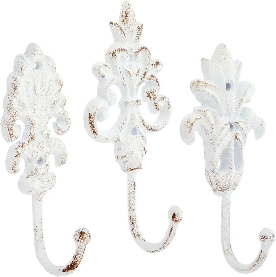Farmlyn Creek Decorative Hooks - 6.5 in, White Cast Iron, Set of 3 - Farmhouse & French Bathroom Decor - Vintage White Hooks for Hanging Towels & Coats