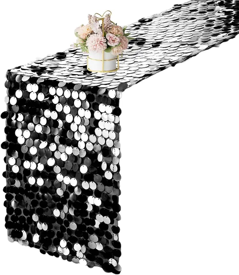 12 x 108 Inch Black Sequin Table Runner Glitter Rectangle Big Sequin Table Runner for Wedding Party Birthday Christmas Halloween Decoration (1 Pack)