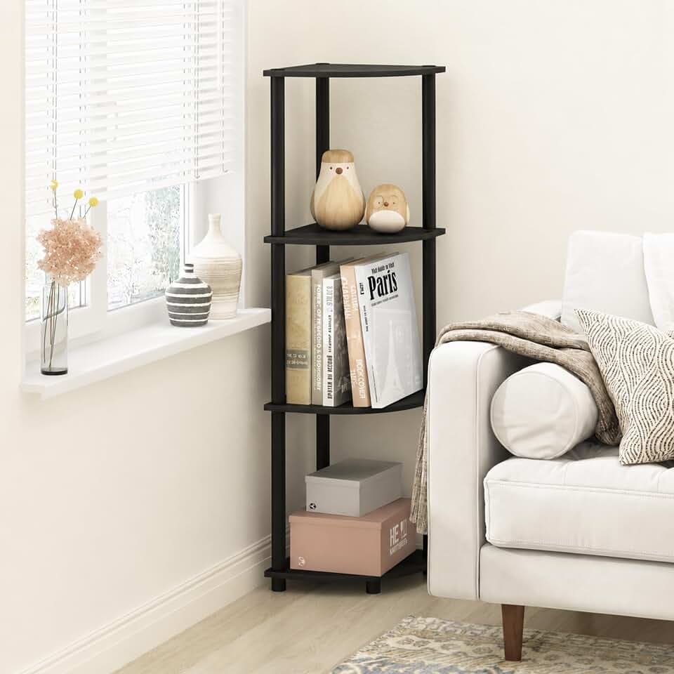 Furinno Turn-N-Tube Toolless Assembly 4-Tier Corner Shelf, Black Corner Book Shelf, Open Shelves Bookshelf, for Organization and Storage, Living Room, Home Office, Bedroom, Black Espresso