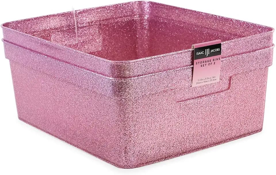 Isaac Jacobs Medium Glitter Storage Bin Set (14” x 11.5” x 5.5”) - Pink