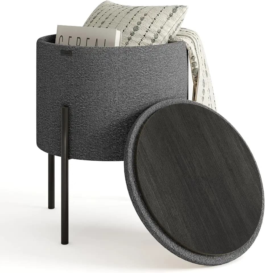 Round Ottoman with Storage, Boucle Storage Foot Stool, Makeup Vanity Stool, Small Ottoman Foot Rest, Modern Ottomans for Living Room and Bedroom, Grey