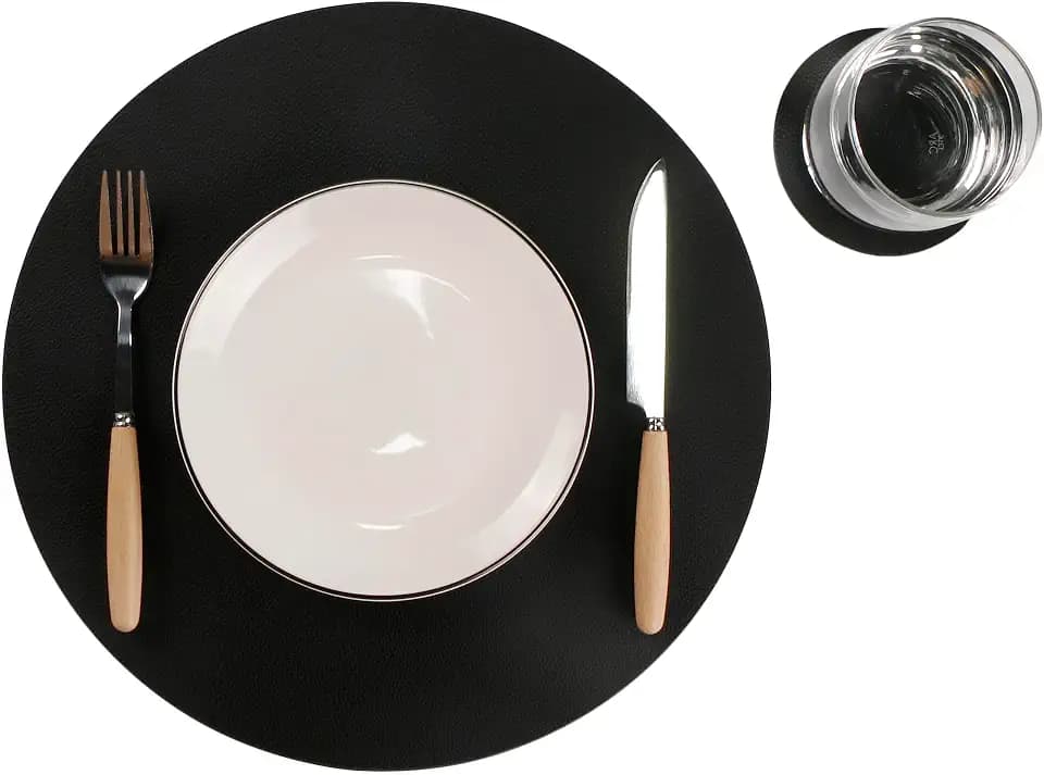 Wipeable Placemats and Coasters Leather Table Mats Waterproof Heat-Resistant Easy to Clean for Dining Table Set Kitchen Table Set of 4, Black