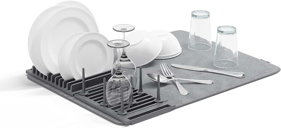 Umbra Udry Dish Rack with Movable Pegs and Microfiber Drying Mat – Space-Saving Design Folds Up for Easy Storage, Basic Rack, Dark Grey