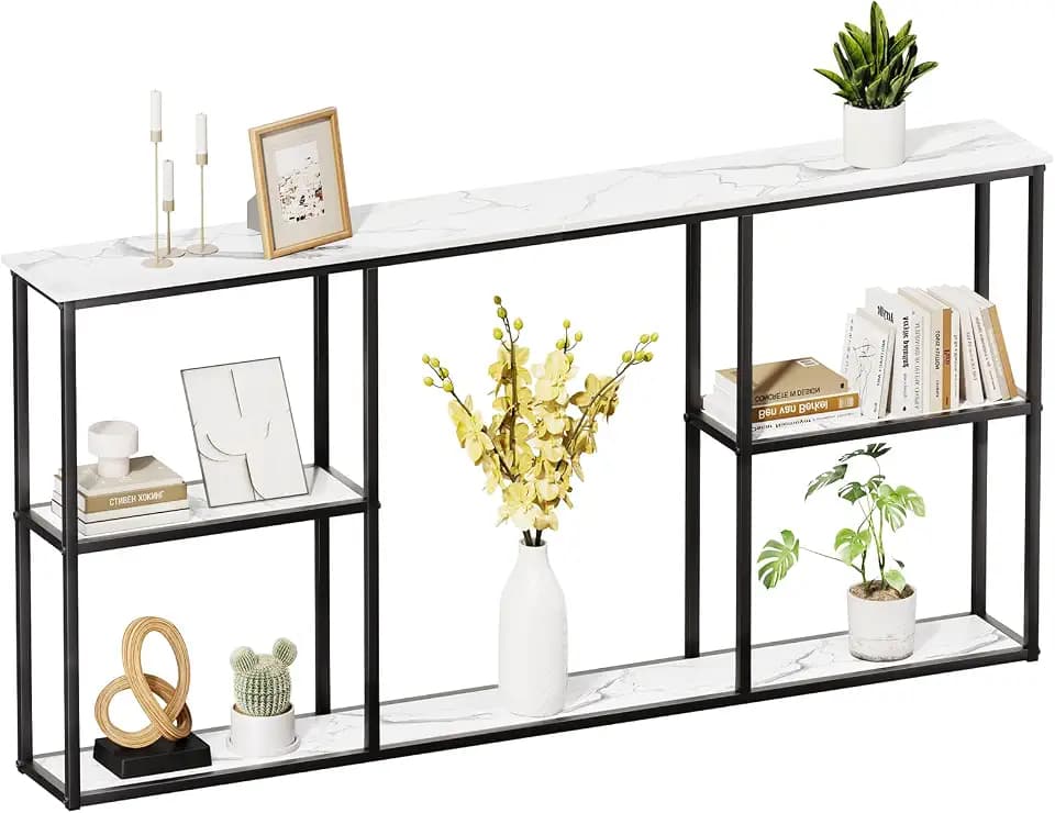 WOHOMO 63 in Entryway Table Modern Sofa Table with Shelves White Marble