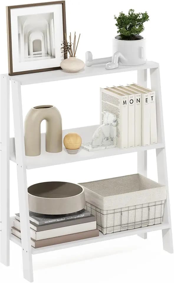 Furinno Ladder 3-Tier Book Shelf, Ladder Shelf, White