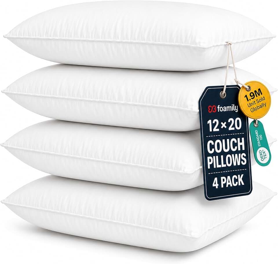 Foamily 12x20 Lumbar Pillow Inserts, White Pillows for Couch & Bed, 4 Pack