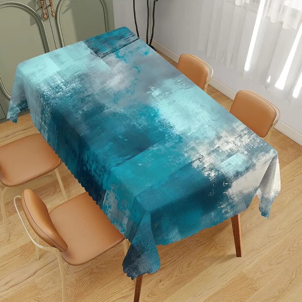 Teal Grey Decorative Rectangle Table Cloth Abstract Art Painting Turquoise Rectangle Tablecloth Picnic Table Cover BBQ Table Cloths Polyester for Kitchen Coffee 52" x 70" 4-6 Seats