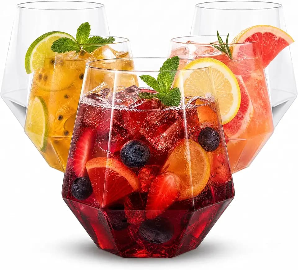 LUODA 32 Pack Clear Plastic Stemless Wine Glasses, 12 Oz Clear Plastic Diamond Glasses, Disposable Whiskey Glasses for Birthday, Housewarming Wine Glasses For White Wine