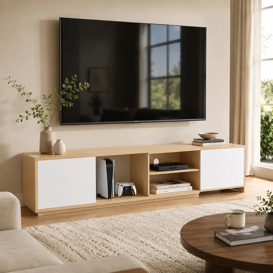 KISLOT Extendable TV Stand for TVs up to 90",Modern Entertainment Center with Adjustable Shelf,Television Stand with 2 Storage Cabinets,Wooden TV Media Console for Living Room Bedroom Natural Oak