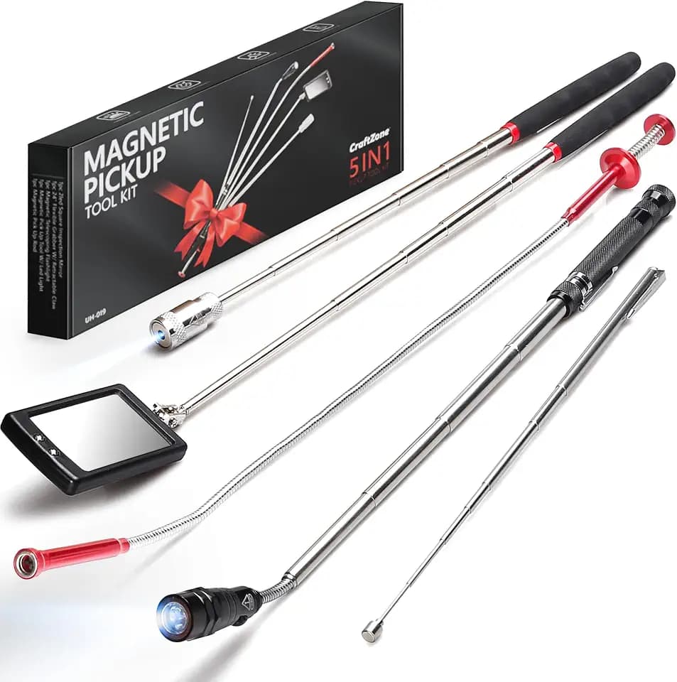 Telescoping Magnetic Pickup Tool Set | Inspection Mirrors and Four Claw Grabber Tool | Flexible LED Flashlight | Magnet Stick | Cool Gadgets for Men | Gifts for Husband