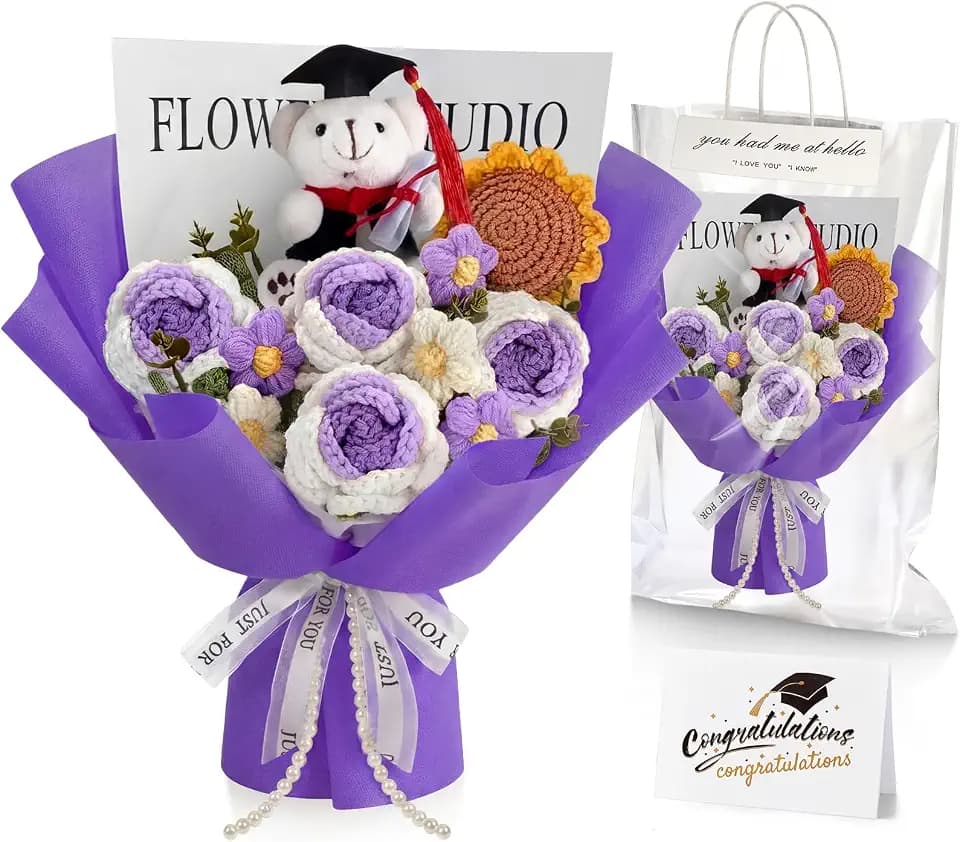 Giegxin Grad Crochet Flower Bouquet Set Hand Knitted Bouquet Gift, Purple