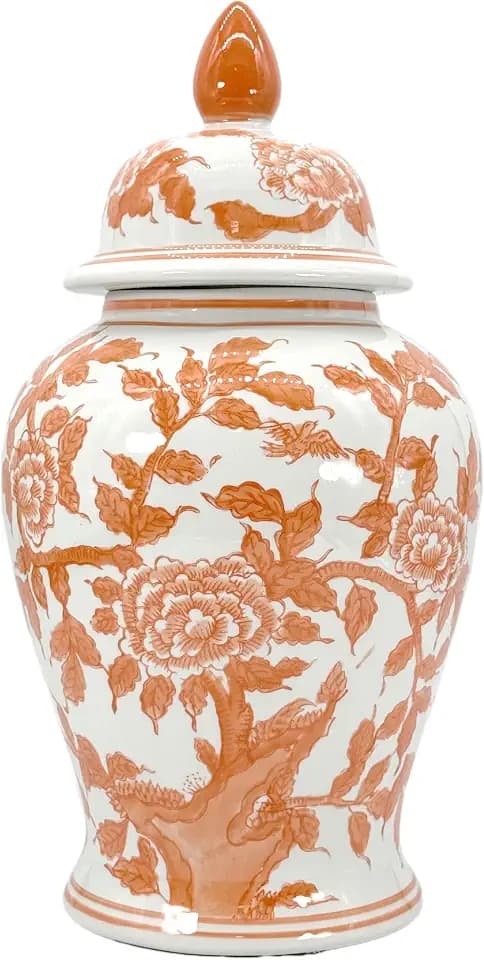 Galt International Orange & White Floral Chinoiserie Ceramic Temple Jar 18" w/Lid - Ginger Jar Home & Kitchen Decor for Interior Design