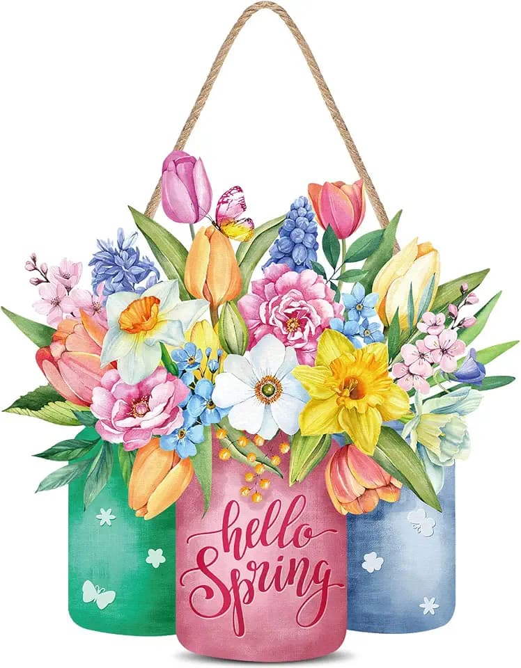Capoda Hello Spring Door Sign Colorful Floral Spring Hanging Sign Happy Welcome Door Signs Rustic Wood Wall Hanging Decor for Easter Party Outdoor Indoor Front Doors Decor(Multicolor, Flower Style)
