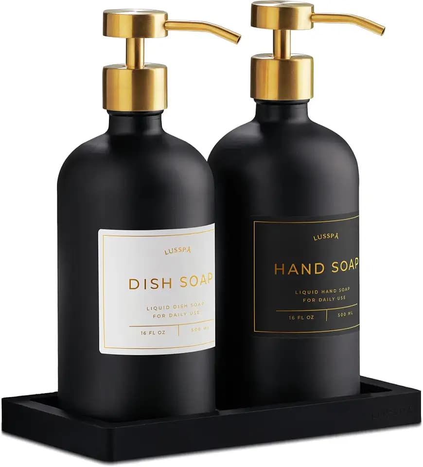 Glass Soap Dispenser Set of 2 (Black) with Silicone Tray | Hand and Dish Soap Dispenser for Kitchen and Bathroom | 16.8 Oz Glass Bottles with Stainless Steel Pump & 15 Waterproof Labels (Black/Gold)