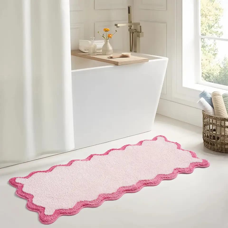 Luxury Cute Bathroom Runner Rugs, White Bath Mat W/Hot Pink Scalloped Edge, Microfiber Aesthetic Trendy Funky Fun Preppy Rug, Extra Soft Bathroom Mat Non-Slip for Shower, 47'' x 20''
