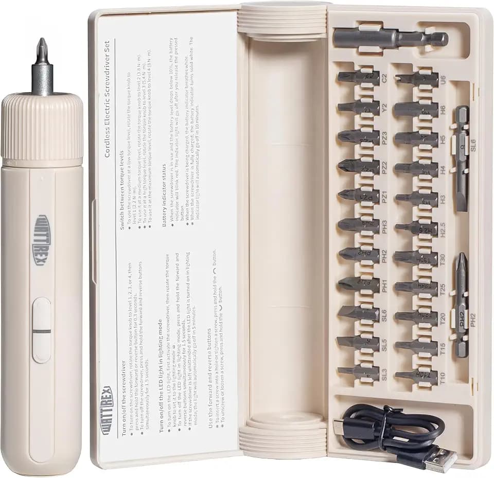 4V Cordless Electric Screwdriver Set with 4 Torque Settings, Cream