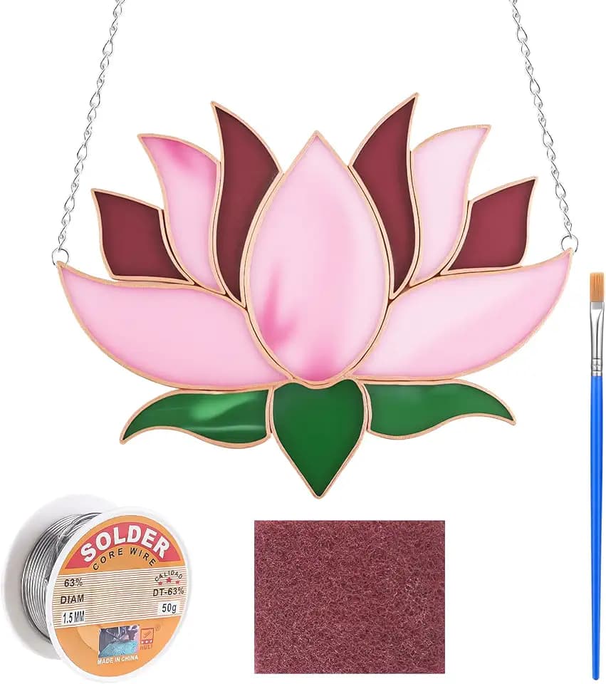 LemonRoad Unfinished Pre Cut Stained Glass for Adult Made Easy Stained Glass Craft with Solder Wire, Flux Brush for Home Birthday Party Decor(1 Set,Lotus Flower)