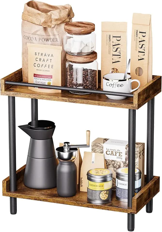 Coffee Bar Organizer and Kitchen Countertop Shelf - 2 Tier Spice Rack, Mug Holder, Storage Stand for Coffee Station Accessories Wooden Bathroom & Desk Organizers