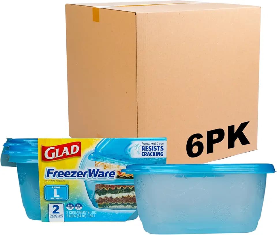 Glad GladWare FreezerWare Containers, Large Rectangle, 64 Oz, 2 Count, 6-Pk