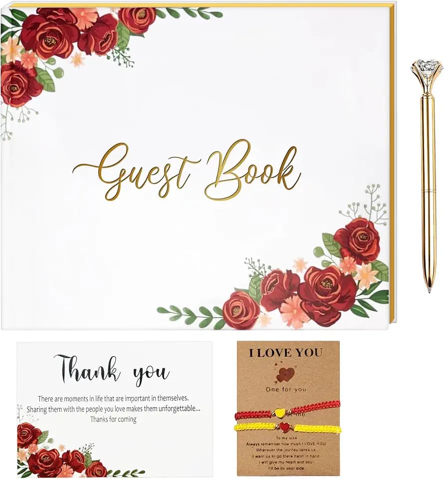 Modern Wedding Guest Book, Guest Book Includes a Pen, Baby Shower Guest Book for Party a Thank You Card, Guest Book Wedding Reception Two Brazalet, Wedding Scrapbook Design of Red Roses