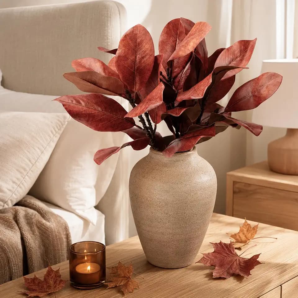 4 Pcs Fall Magnolia Silk Leaves Branches 22 Inch 3D Real Touch Autumn Faux Magnolia Stems Fake Red Leaves Twigs for Indoor Outdoor Vase Filling Home Wedding Decoration
