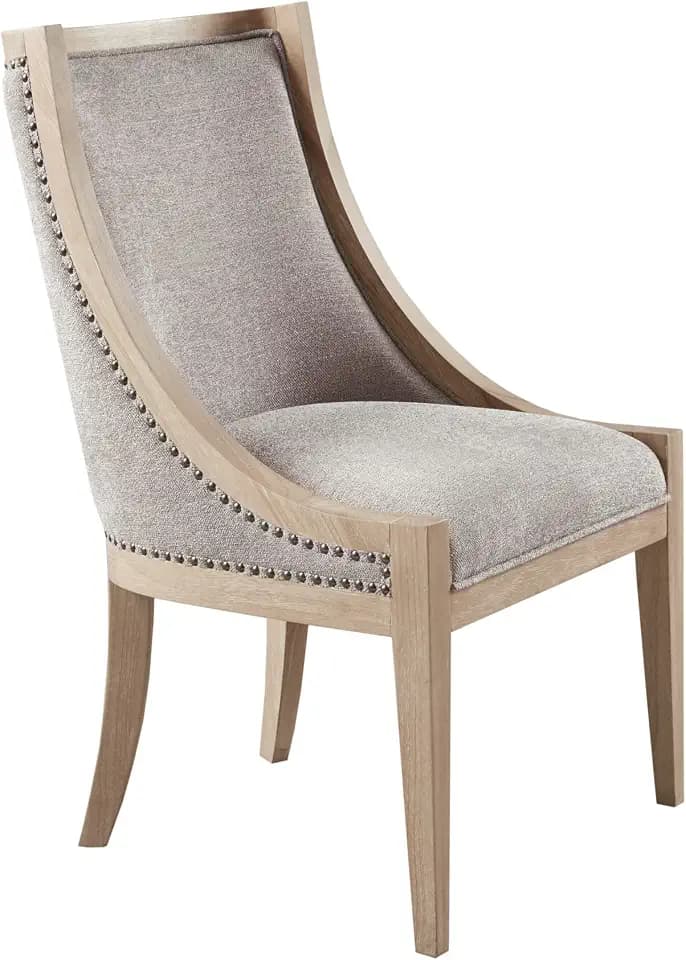 Martha Stewart Farmhouse Dining Room Chair, Recessed Arm Chair for Bedrooms, Nailhead Trim, Solid Wood Legs, Upholstered Reading Accent Chairs for Living Room, Kitchen Décor, Elmherst - Linen Color