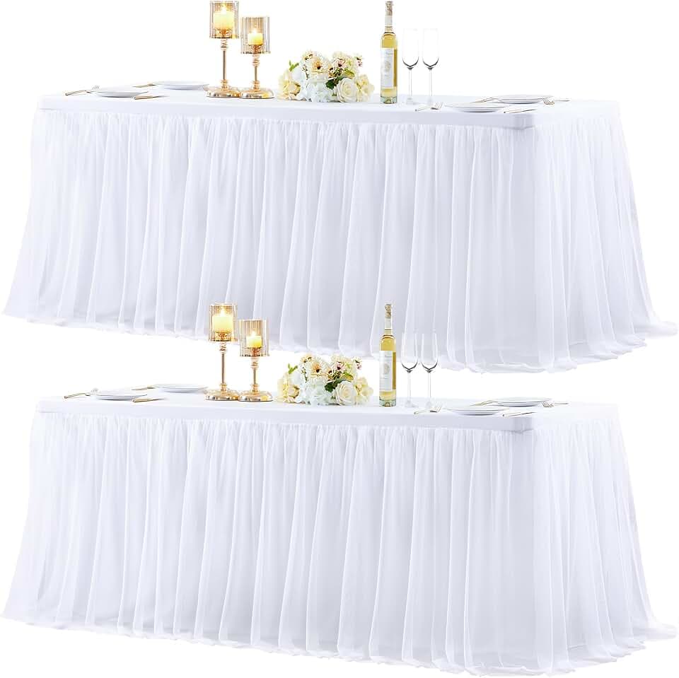 2 Pack White Table Cloth for 6 Foot Rectangle Tables, White Stretch Fitted Tulle Table Covers Skirt, Rectangular Ruffle Tutu Tablecloth Wedding Banquet Baby Shower Cake Tablecloths Decorations